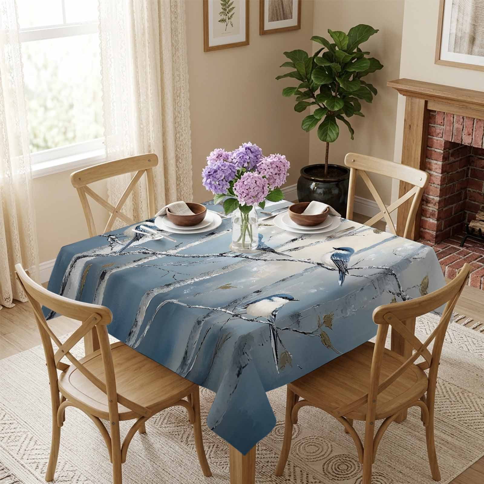 Blue White Bird Tree Square Tablecloth 54x54 Inch Oil Painting ...
