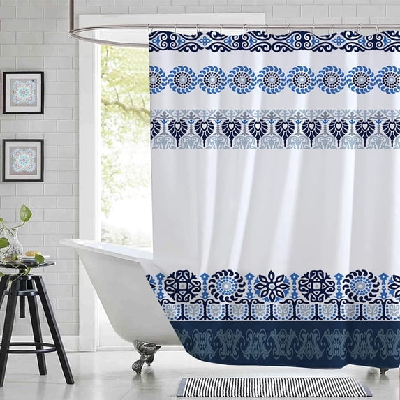 Blue and White Boho Shower Curtain,Bohemian Chic Tribal Shower Curtains Set for Bathroom with 12 Hooks, Navy Blue Medallion Geometric Bath Curtain 72x72In,Water Resistant Fabric