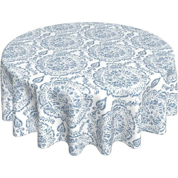 Blue White Boho Tablecloth Round 60 Inch Rustic Floral Vintage Elegant Paisley Decorative Table Cloth Washable Wrinkle Stain-Resistant Polyester Farmhouse Table Cover for Party Picnic Dinner