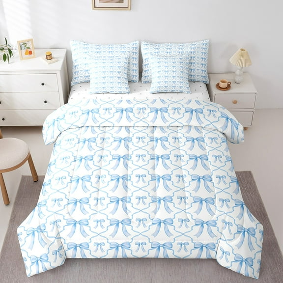 Blue White Bow Bed In A Bag 7 Pcs Cute Bowknot Full Bedding Set,Watercolor Ribbon Bow Tie Comforter Set Geometric Grids Bow Bedding Comforter Sets