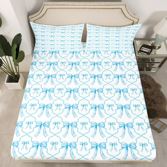 Blue White Bow Bedding Set Cute Bowknot Full Fitted Sheet 3 Piece,Watercolor Ribbon Bow Tie Bed Sheets Geometric Grids Bow Fitted Bed Sheet 2 Pillow Cases
