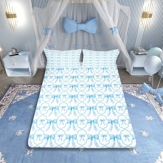 Blue White Bow Bedding Set Cute Bowknot Twin Bed Sheets,Watercolor Ribbon Bow Tie Sheet Set Geometric Grids Bow 1 Fitted Sheet 1 Flat Sheet 1 Pillow Case