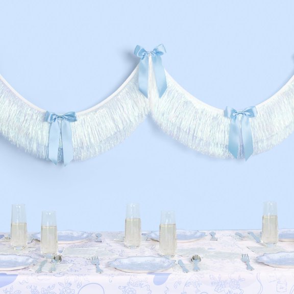 Blue White Bow Fringe Banner - Iridescent, 6 Ft. | Something Blue Bachelorette Decoration, Bridal Shower Decor, Engagement Photoshoot Backdrop