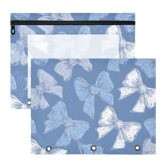 Blue White Bows with Polka Dots 3-Ring Binder Pouches A4 Size Zipper Pocket File Storage 2 Packs
