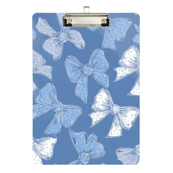 Blue White Bows with Polka Dots Acrylic Clipboard Drawing Board with Hook Writing Pad File Storage A4 Size Silver 12.5" x 9"