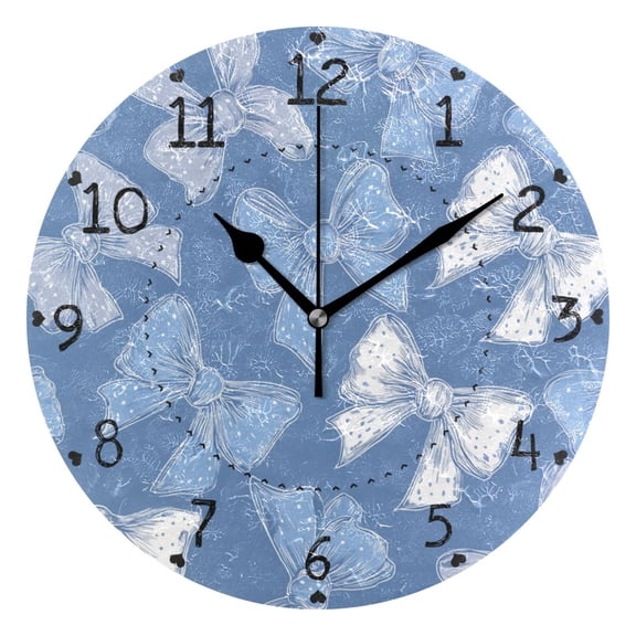 Blue White Bows with Polka Dots Round Wall Clock Silent Analog Battery Operated Black Pointer Home Decor 9.84" Diameter