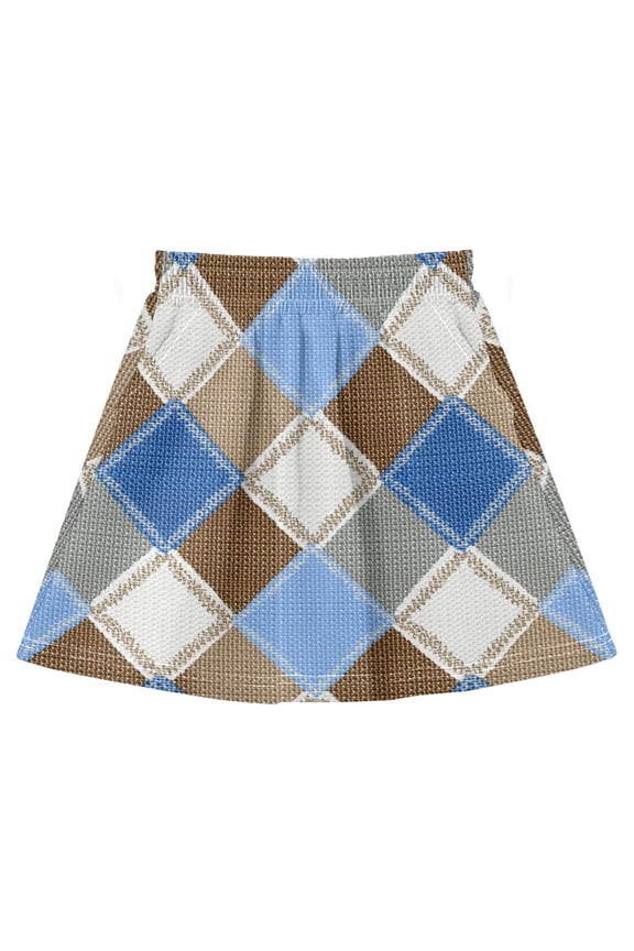 Blue White Brown Plaids Square Girls' Skirts A-Line Skirts with Under Dress Shorts Elastic Waist 4Y