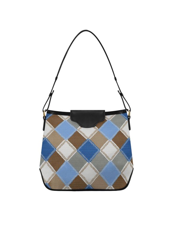 Blue White Brown Plaids Square Women's Tote Bag Convertible Handbags Hobo Shoulder Bag with Zipper Magnetic Snap