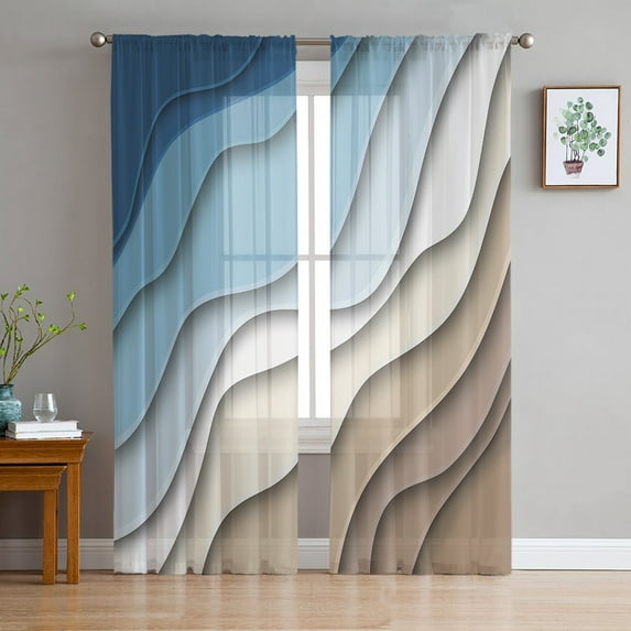 Blue White Brown Semi Sheer Curtains 84 Inch Length 2 Panels Set,Abstract Modern Ocean Seawaves Geometric Art Sheer Kitchen Curtain Privacy Voile Window Curtain for Living Room Rod Pocket Drapes