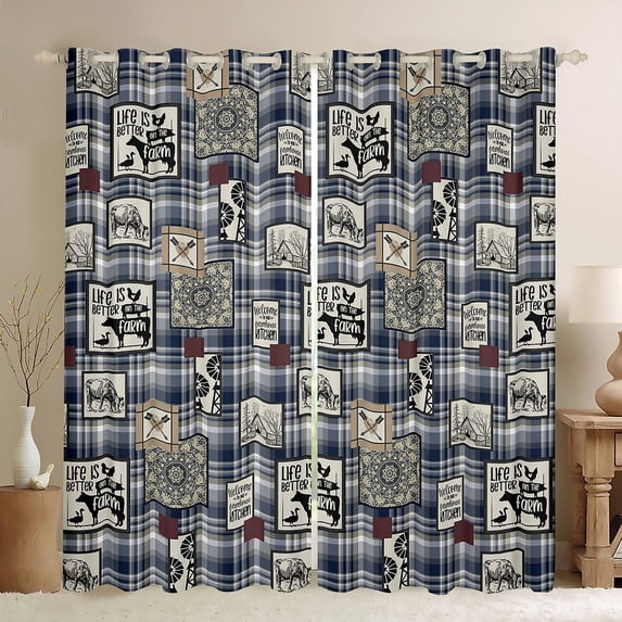 Blue And White Buffalo Grid Curtains Farm Animals Blackout Curtains for Living Room Bedroom Dining Room Floral Rustic Farmhouse Style Window Treatments Windwill Darkening Curtains 52"X63"