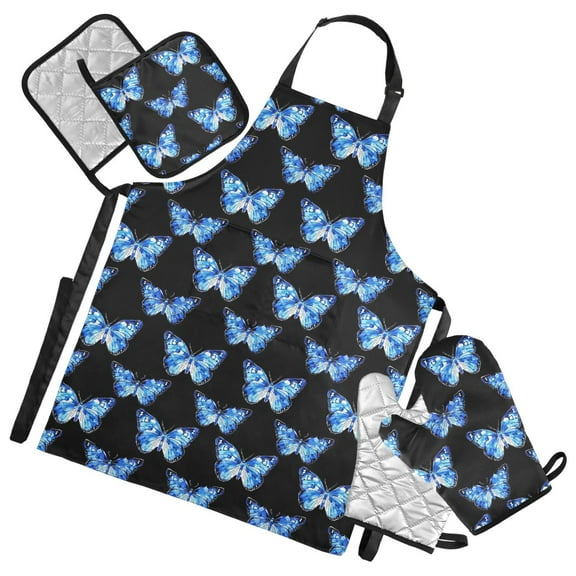 Blue White Butterflies 5 Pcs Kitchen Set Heat Resistant Oven Mitts and Non-Slip Pot Holders with Adjustable Cooking Apron