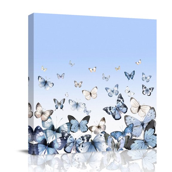 Blue White Butterflies Canvas Wall Art for Living Room, Pastoral Style Gradient Background Poster Print Painting for Bedroom Office Home Decoration Wall Pictures Prepare To Hang 8"x8"