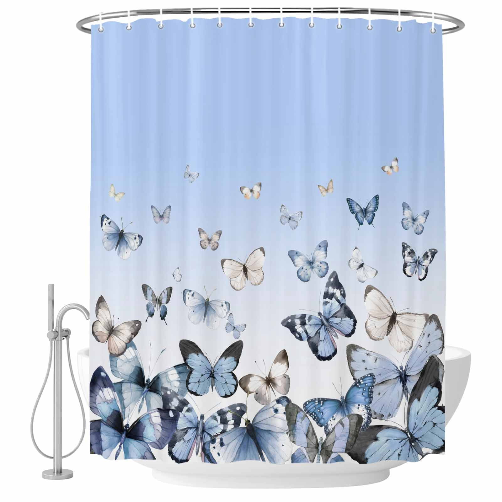 Blue White Butterflies Shower Curtain for Bathroom, Pastoral Style ...