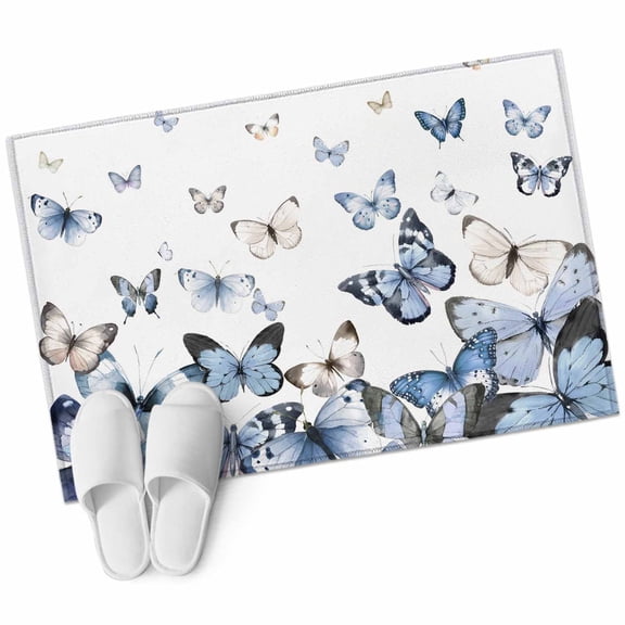 Blue White Butterflies Washable Area Rug 2 x 3 ft Pastoral Style Flying Animals Farmhouse, Soft Non Slip Rugs Stain Repellent Indoor Felt Carpet for Living Dining Room Bedroom Home Office