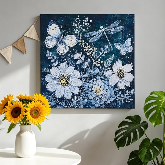 Blue White Butterfly Canvas Wall Art, Dragonfly Blue Chrysanthemums Floral Sprigs Framed Canvas Wall Decor Picture Print Artwork Decorations for Living Room Office Ready to Hang 8" x 8"