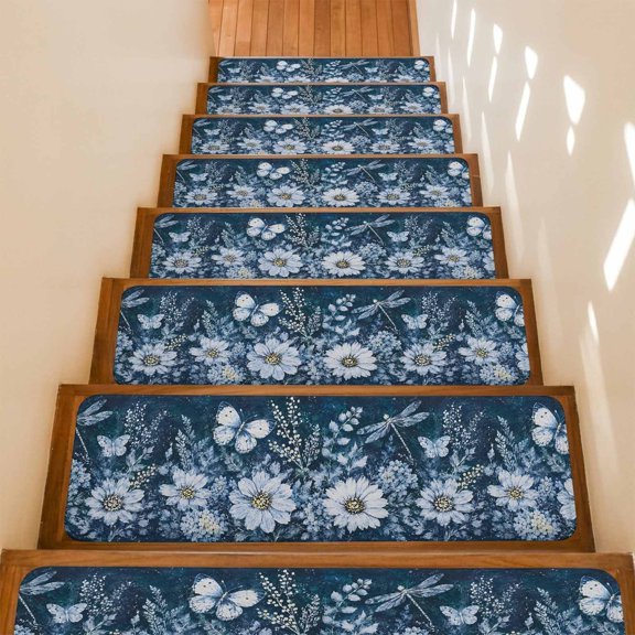 Blue White Butterfly Non-Slip Stair Treads for Wooden Steps, 4 Pack 8x30 Inches Carpet Stair Mats with Adhesive Backing, Noise-Reducing Step Covers for Indoor Stairs, Easy to Install & Residue-Free