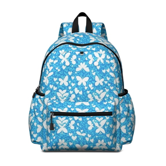 Blue White Butterfly Pattern Cute School Backpack with Padded Back and Adjustable Shoulder Straps 13.4"x11"x4.7"