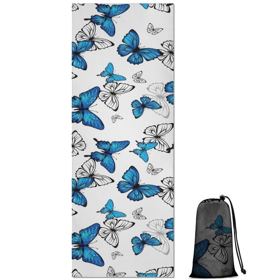 Blue White Butterfly Pattern Hot Yoga Mat Towel Non Slip for Hot Yoga - Quick-Drying Yoga Mat Cover with 4 Corner Pockets with Travel Bag - Hot Yoga Towel Non Slip 74"x26"