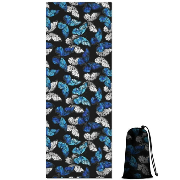 Blue White Butterfly Pattern Hot Yoga Mat Towel Non Slip for Hot Yoga - Quick-Drying Yoga Mat Cover with 4 Corner Pockets with Travel Bag - Hot Yoga Towel Non Slip Grip Moisture Wicking Sweat 70"x26"