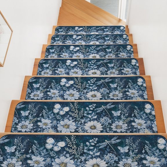 Blue White Butterfly Stair Treads Non Slip for Steps Dragonfly Blue Chrysanthemums Floral Sprigs 4 Pcs Reusable Adhesive Stair Runner Mats for Dogs Elders Carpet Treads Rugs for Staircase 8x30 In