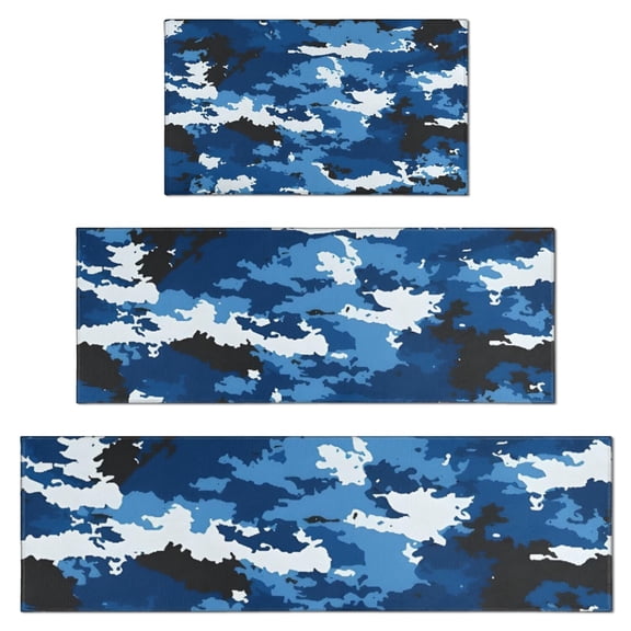 Blue White Camo Digital Shapes Pattern Kitchen Rugs Sets Of 3,Kitchen Runner Rugs Non Skid Washable,Decorative Kitchen Floor Mats for Kitchen,Sink,Laundry,17"x30"+ 17"x47" + 17"x59"