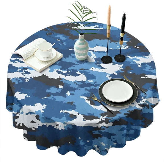 Blue White Camo Digital Shapes Pattern Round Tablecloth 60"x60",Wrinkle Wipeable Table Cloth for Kitchen Dining Room Picnic Patio Party