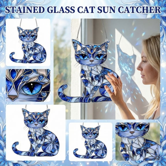 Blue And White Cat Acrylic Light Catcher, 2D Decorative Pendant For Window Sunlight Refraction, Home Wall Hanging Ornament, 1Pc 10X15Cm Artistic Design