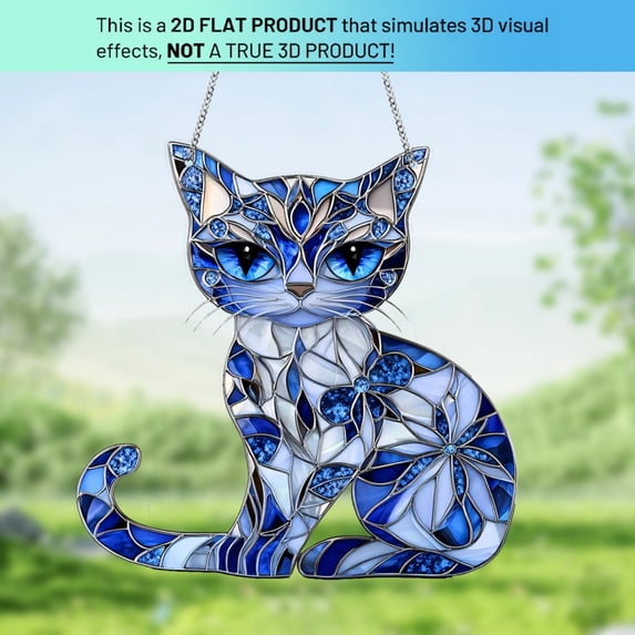 Blue & White Cat Suncatcher Ornament, 8" Acrylic Cat Suncatcher Garden Decor, Suncatchers for Windows Hanging, Unique Cat Themed Gifts for Cat Lovers, Window Tree Bedroom Kitchen Decoration