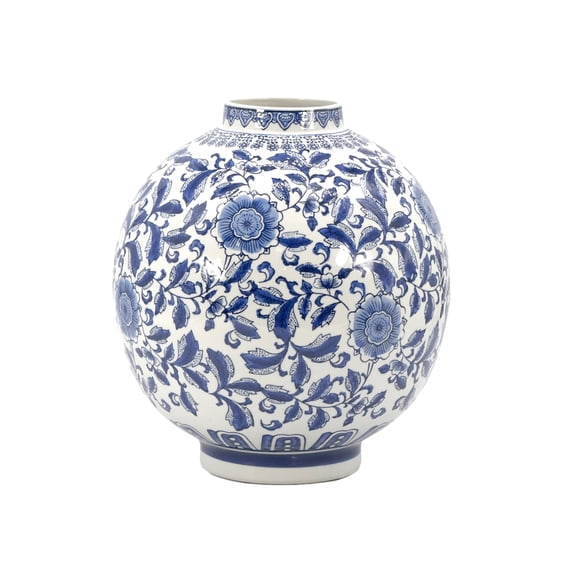 Blue & White Ceramic Floral Chinoiserie Globe Vase 12 Inch Round