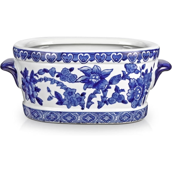 Blue and White Ceramic Planter Pot Vintage Floral Oval Cachepot Vase for Indoor Plants, Flowers & Succulents Glazed Chinese Porcelain Style Decorative Bowl 7.4" Size No Drainage