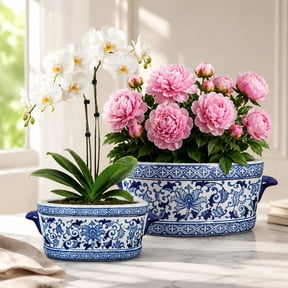 Blue and White Ceramic Planter Pot – Vintage Floral Oval Cachepot Vase for Indoor Plants, Flowers & Succulents – Glazed Porcelain Chinoiserie Décor – 7.4" and 10.6" – No Drainage