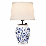 Blue and White Ceramic Table Lamp for Bedroom, Small Chinoiserie Bedside Lamp with White Fabric Shade, Inline Switch, Extra-Reach Power Cord and 20W USB-C Charger Included