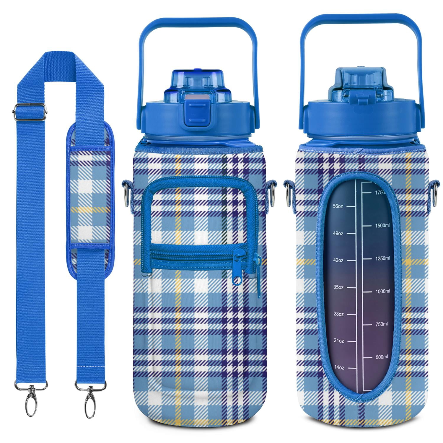 Blue and White Check 64 Oz Half Gallon Water Bottle with Sleeve BPA Free Leakproof Sport Large Plastic Water Bottle with Straw&Time Marker&Insulated Neoprene Holder Carrier Bag Gift for Women Men