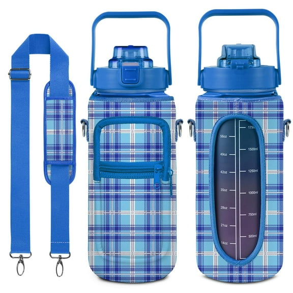 Blue and White Check 64 Oz Water Bottle with Sleeve - BPA Free Leakproof Sport Large Plastic Water Bottle with Straw Strap & Insulated Neoprene Holder Carrier Bag Great Gift for Women Men