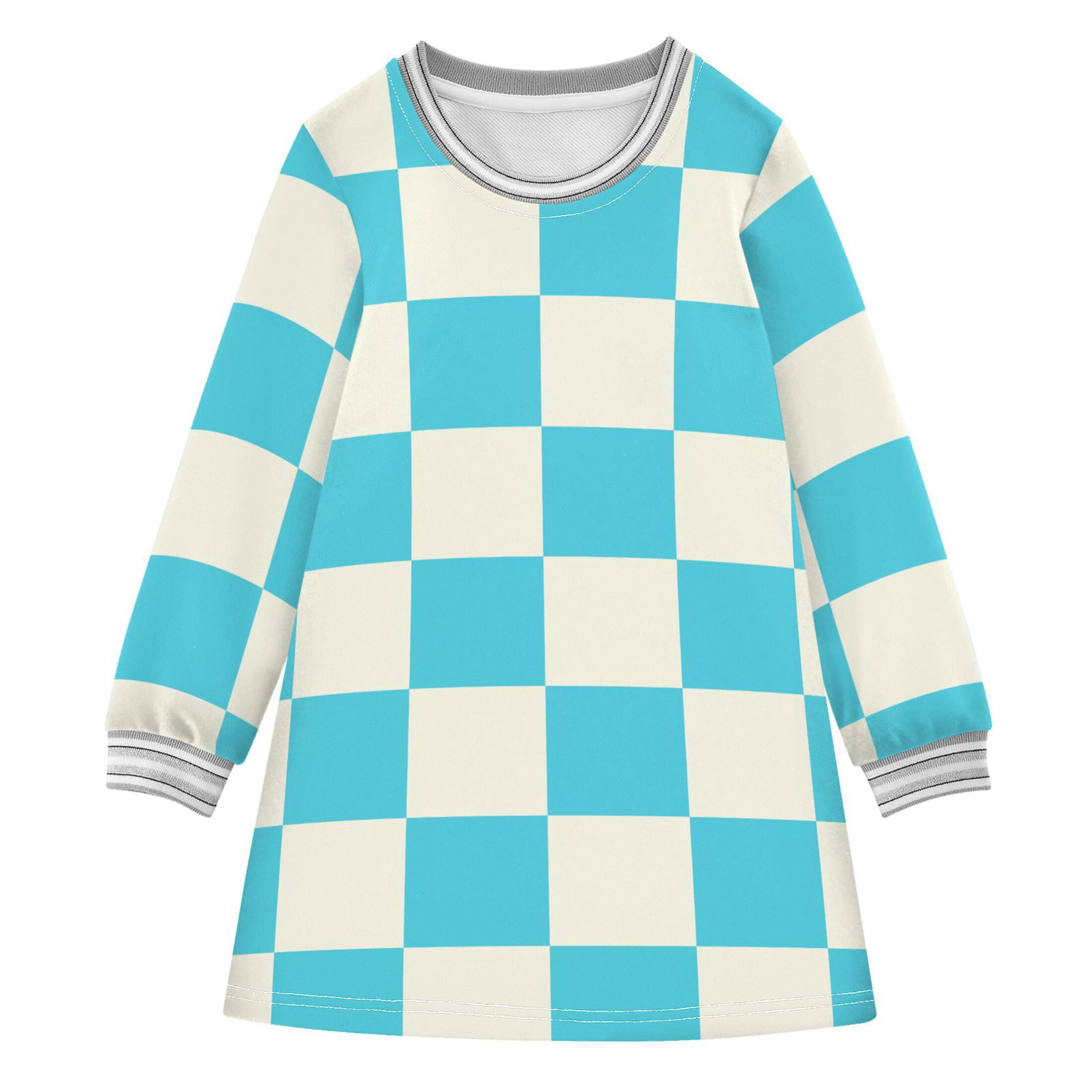 Blue White Checked Pattern Girls'long-sleeved dress Thickened A-dress ...