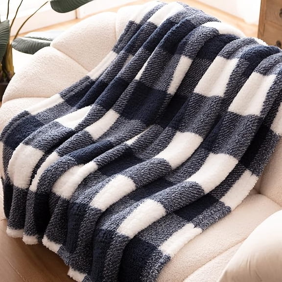 Blue White Checker Fluffy Sherpa Throw Blanket Ultra Soft Warm Lightweight Shaggy Blanket for Couch Sofa Travel, Premium Reversible Decorative Faux Fur Blanket for All Seasons, 60"x 80"
