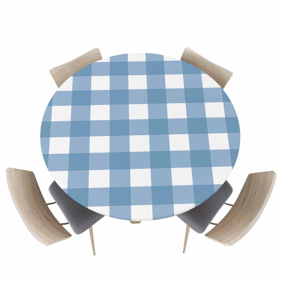 Blue White Checker Plaid Fitted Round Tablecloths Elastic Edged Table Covers 55"-60",Minimalist Art Buffalo Lattice Waterproof Dining Room Table Cloth for Kitchen Holiday Party Tables Decor