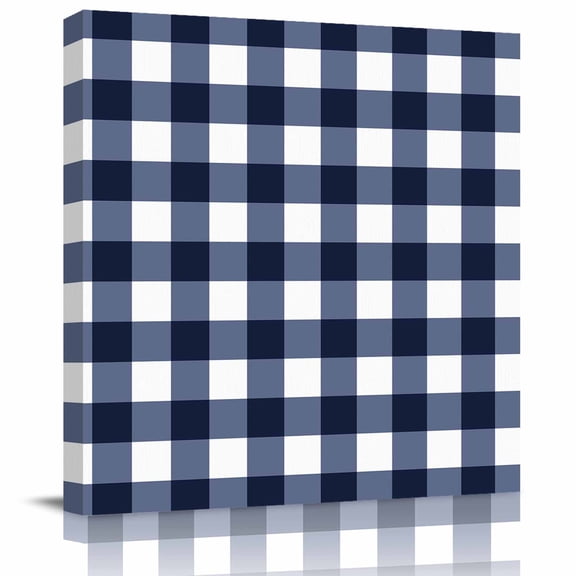 Blue and White Checkerboard Canvas Artwork Painting Art, Stripe Buffalo Plaid Square Framed Wall Decorations Prints Picture for Bedroom Kitchen Living Room, 12x12 in