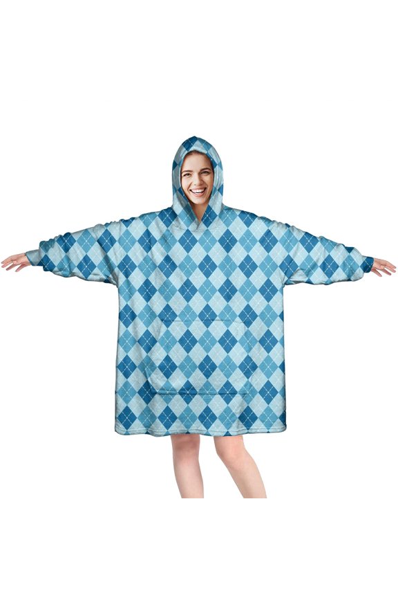 Blue White Checkerboard Checkered Pattern Wearable Oversized Blanket,Wearable Blanket Hoodie for Adults,Cozy Hooded Blankets with Super Pockets,Super Warm Fuzzy Pullover for Women & Men