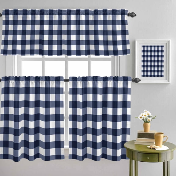 Blue and White Checkerboard Curtain Tier and Valance Set 3 Piece, Stripe Buffalo Plaid 3-inch Rod Pocket Window Tier Curtains Valance for Kitchen Living Room