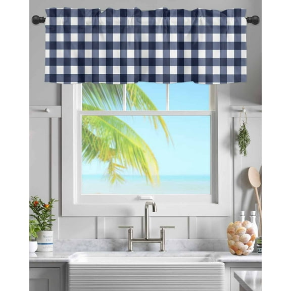 Blue and White Checkerboard Curtain Valances for Kitchen Windows,Rod Pocket Short Valance Stripe Buffalo Plaid Small Window Treatment for Living Room Bathroom Bedroom,60"x18"-1 Panel