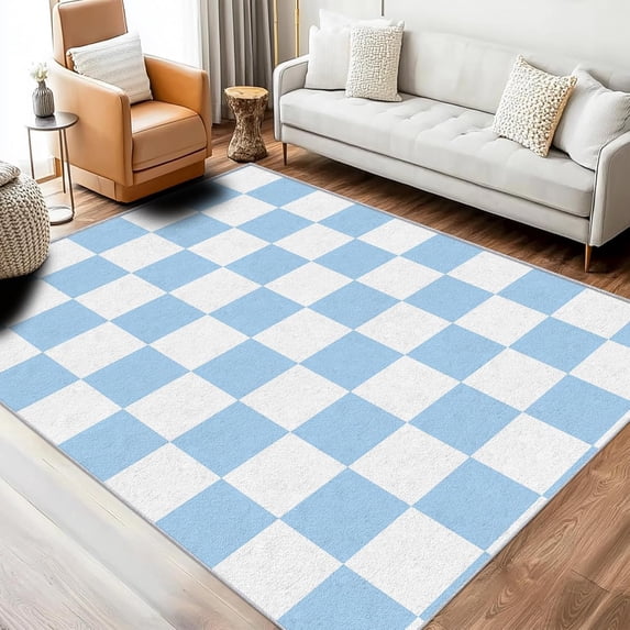 Blue White Checkered Area Rugs, Checkerboard Pattern Carpet, Washable ...