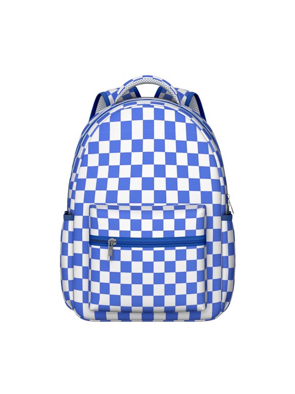 Blue White Checkered Backpack for School,Cute School Bag,Schoolbag with Adjustable Shoulder Straps & Padded Back,15.3"x11"x7.1".