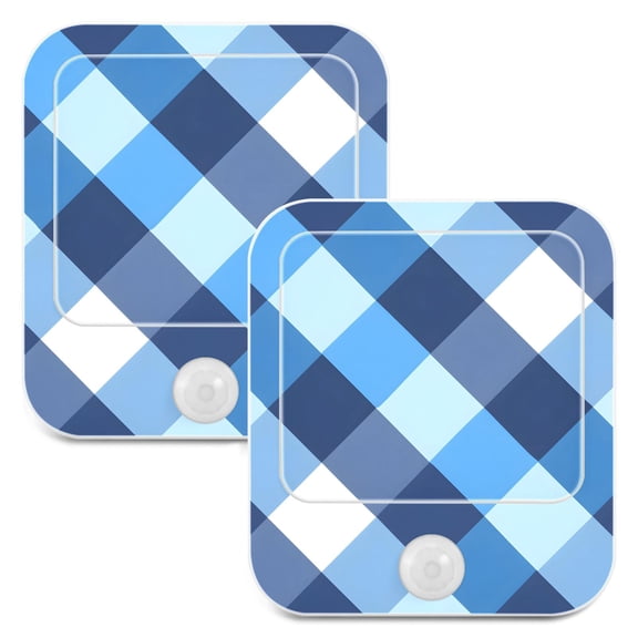 Blue White Checkered Grid Pattern 2 Pack LED Motion Sensor Night Light Plug into Wall Auto Dusk to Dawn Adjustable Brightness for Kids Bedroom Hallway Nursery Room