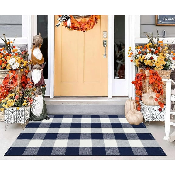 Blue and White Checkered Outdoor Rug 27.5''x 43.3''Buffalo Plaid Layered Doormat Woven Machine Washable Farmhouse Door Mats Outdoor for Hello/Welcome Mat,Entryway,Bedroom,Patio