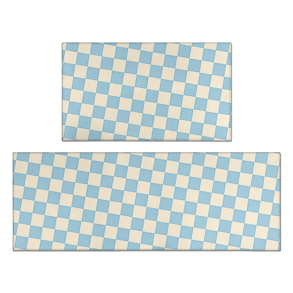 Blue and White Checkered Pattern Anti Fatigue Kitchen Rugs Set Of 2, Non Slip Washable Decorative Floor Mats for Kitchen Sink Laundry, 17"x30" and 17"x47"