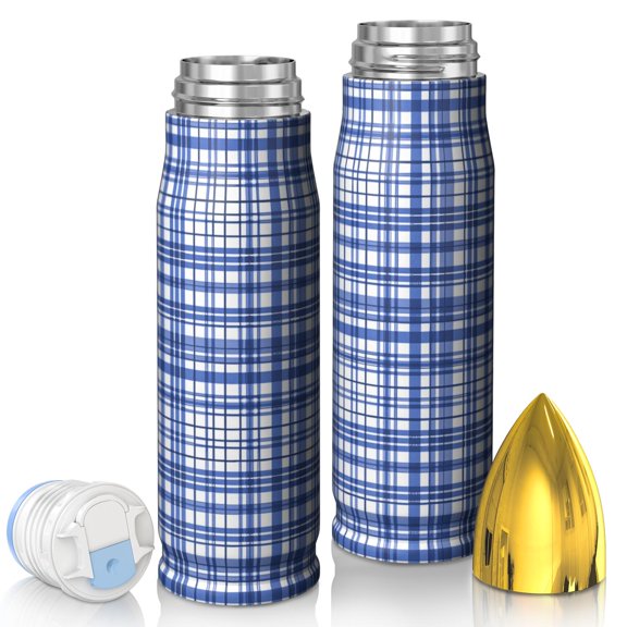 Blue and White Checkered Pattern Bullet Tumbler, Vacuum Insulated Double Wall Novelty Drink Cup 360° Seamless Print Gifts Ideas for Home Office Outdoor Sports Car