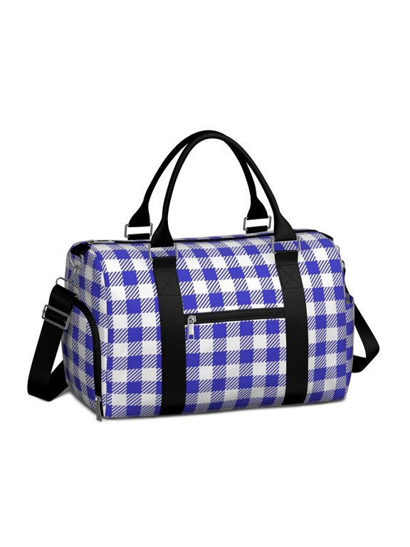 Blue and White Checkered Pattern Gym Bag with Shoe Compartment, Weekender Bag with Wet Pocket and Trolley Sleeve, Water Resistant Gifts Ideas for Gym Travel Weekend,17.3 X 11.8 X 7.5 Inches