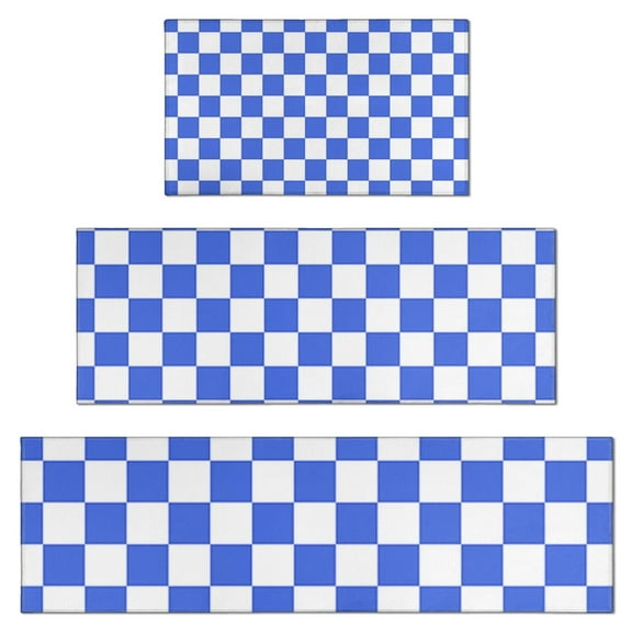 Blue and White Checkered Pattern Kitchen Rugs Sets Of 3,Kitchen Runner Rugs Non Skid Washable,Decorative Kitchen Floor Mats for Kitchen,Sink,Laundry,17"x30"+ 17"x47" + 17"x59"