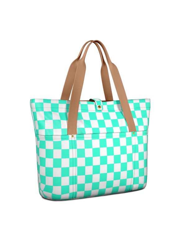 Blue and White Checkered Pattern Large Tote Bag for Women, Polyester Roomy Shoulder Bag with Pockets and Zipper, Foldable Gifts Ideas for Work School Gym